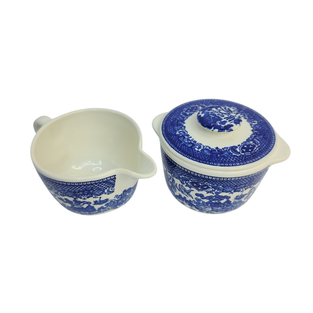 Vintage Blue Willow Cream and Sugar Set Blue White Transferware Ceramic